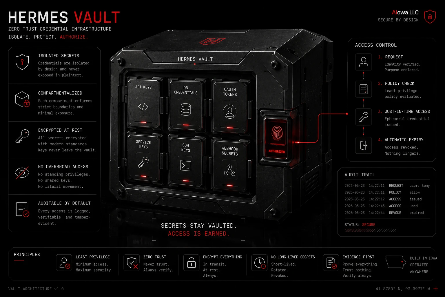 Hermes Vault architecture: zero-trust credential isolation with compartmentalized, encrypted secrets and audited access