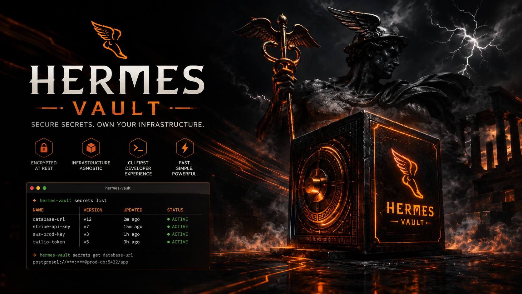 Hermes Vault official graphic showing a glowing obsidian vault box with winged foot logo, statue of Hermes holding a caduceus, and a terminal mockup of secrets list
