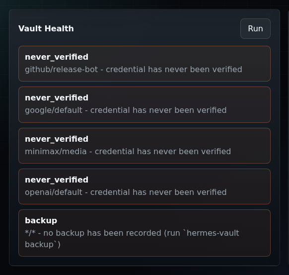 Hermes Vault Console - Health Dashboard View